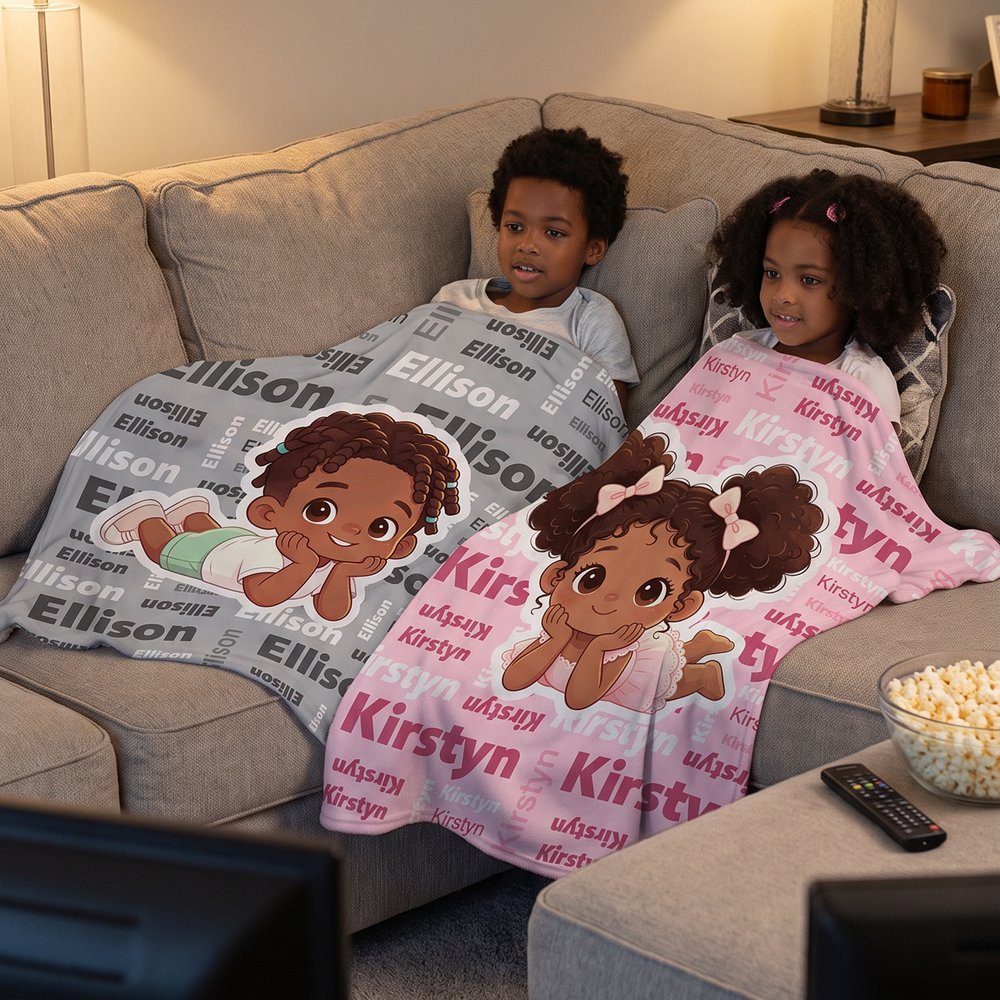 Personalised Cartoon Black Kid Word Cloud Soft Throw Blanket with Name Home Decor Birthday Christmas Gift for Black Boys Girls 2