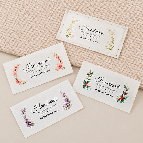 Personliga sömnadsetiketter i vintage-stil med födelsedagsblomma, 100 % bomull, med text, handgjorda klädesplagg, 50 st., födelsedagspresent till hantverksintresserad mamma eller mormor