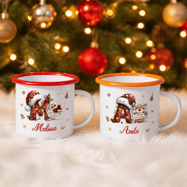 Personalised Snowflake Cartoon Animal Initial 12 oz Colourful Rim Enamel Mug with Name Christmas Holiday Gift for Family Kids
