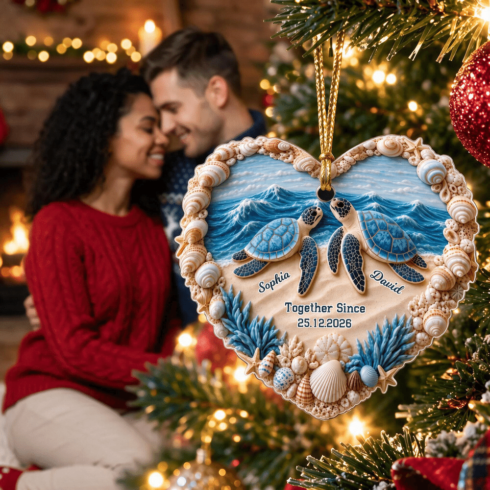 Personalised Seaside Turtle Acrylic Ornament with Name Date Anniversary Christmas Tree Decorations Gift for Couple and Sea Turtle Lovers 5