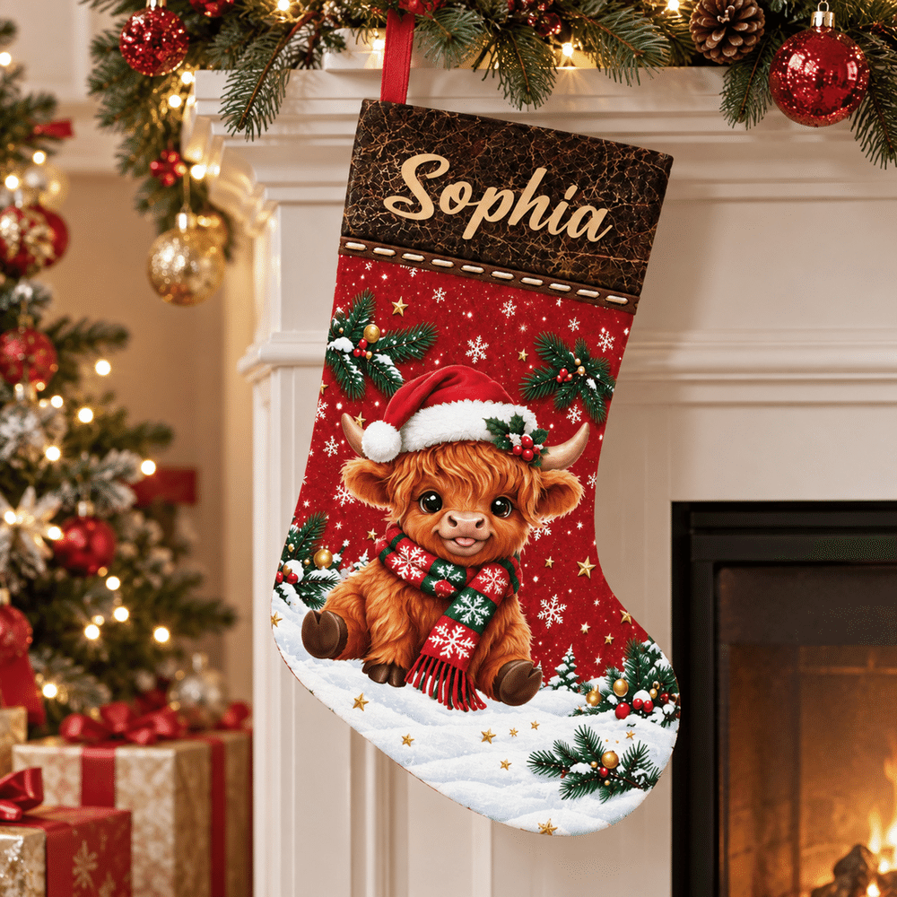 Personalized Christmas Highland Cow Stocking with Name Home Decoration Christmas Gift for Kid Highland Cow Lover 2