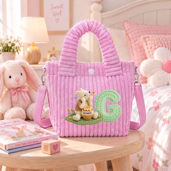 Personalised 3D-Effect Art Multicolour Cute Bear Large Capacity Corduroy Bag with Initial Daily Use Christmas Birthday Gift for Kids Toddlers