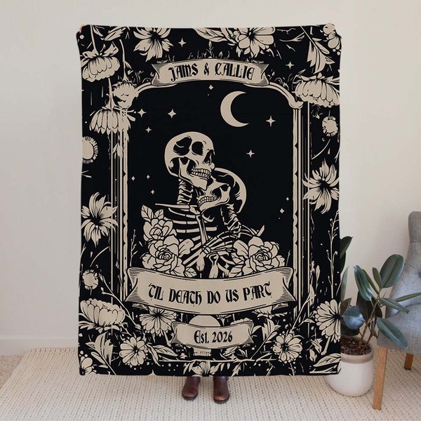 Personalized Moon Vintage Skull Floral Design Soft Throw Blanket with Name Gothic Style Home Decor Halloween Gift for Friend Family