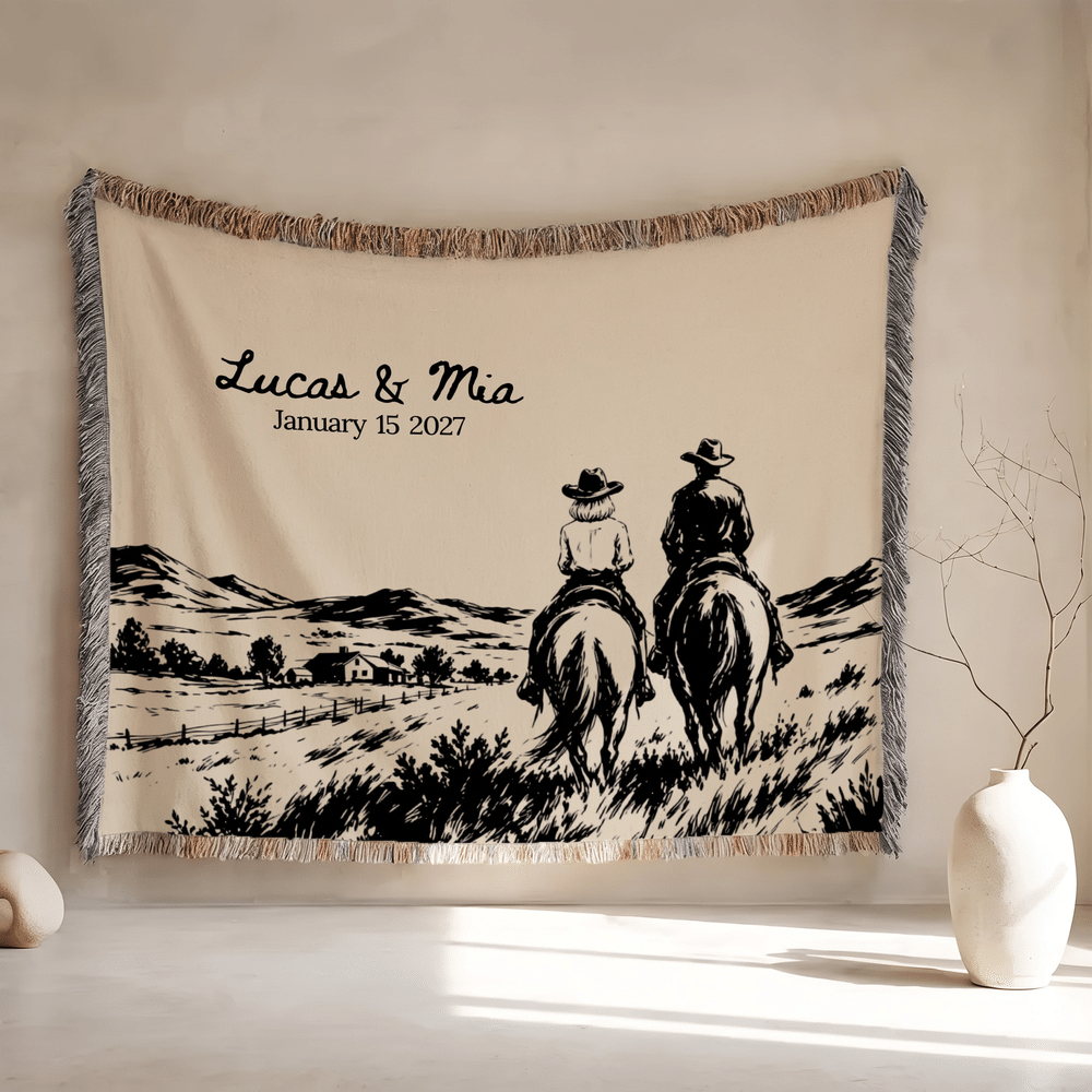 Personalised Vintage Western Wedding Theme Soft Throw Tassel Blanket with Name and Date Anniversary Wedding Party Gift for Couples Newlyweds 4