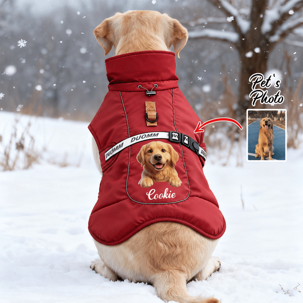 Personalised 3D-Effect Artwork Pet Photo Adjustable Dog Winter Coat Jacket with Name Outdoor Activities Christmas Gift for Pet Owners