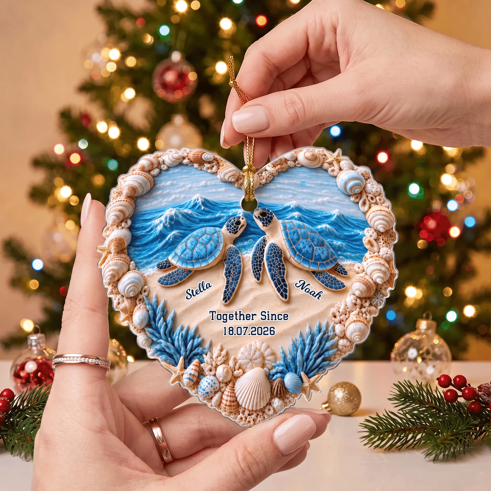 Personalised Seaside Turtle Acrylic Ornament with Name Date Anniversary Christmas Tree Decorations Gift for Couple and Sea Turtle Lovers 4