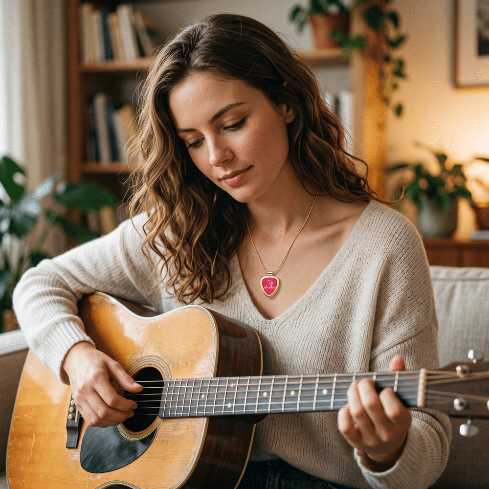 Collar con colgante personalizado y soporte desmontable para púas de guitarra, con texto en la parte posterior con el nombre. Regalo de cumpleaños con 1 púa de guitarra para guitarristas y amantes de la música 9