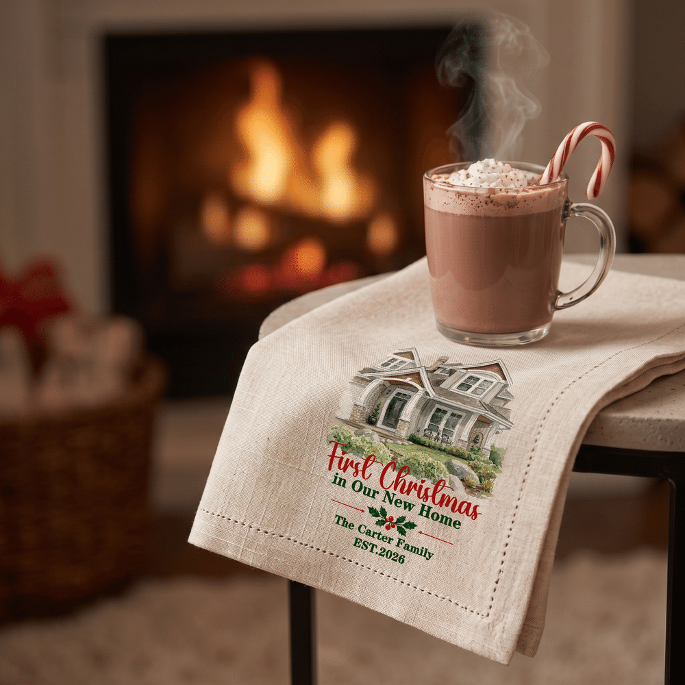 Personalized Watercolor Style House Photo Linen Napkin with Text and Year Table Decor Christmas Housewarming Gift for Family 7