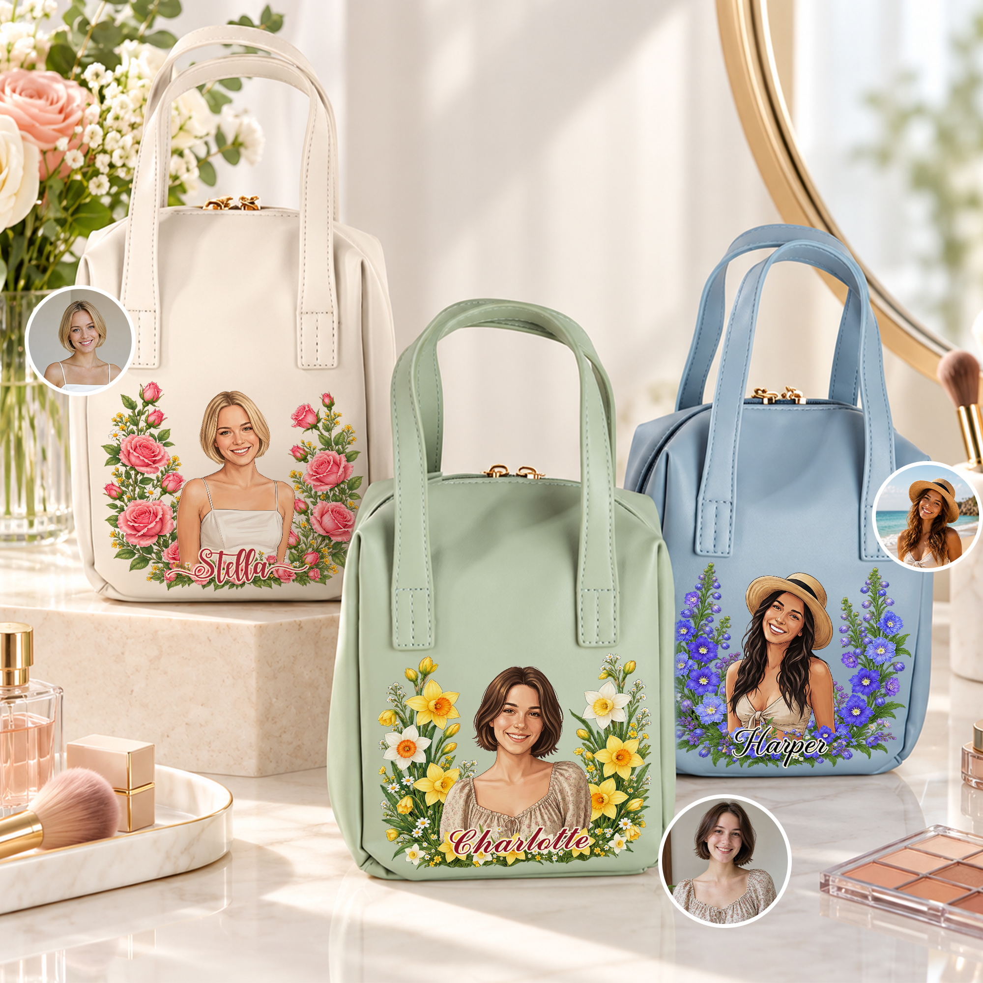 Personalised Birth Flower Character Portrait PU Leather Makeup Bag with Name and Handle Daily Use Mother's Day Gift for Girls Women