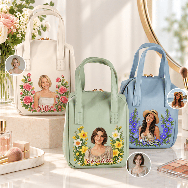 Personalized Birth Flower Character Portrait PU Leather Makeup Bag with Name and Handle Daily Use Mother's Day Gift for Girls Women