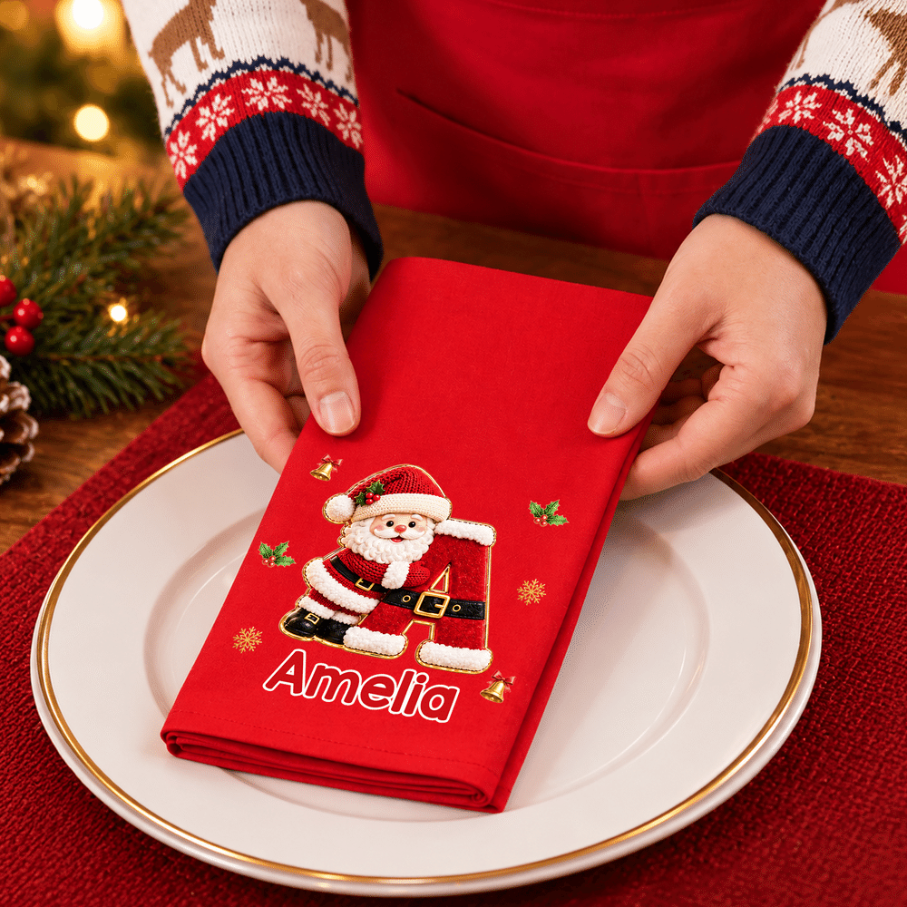 Personalized 3D-Effect Artwork Santa Claus Snowman 100% Cotton Reusable Table Napkin with Name Table Decor Christmas Gift for Family 4