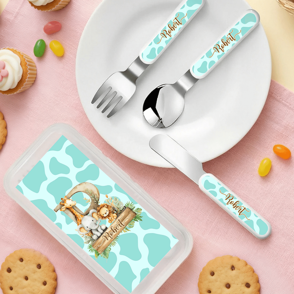 Personalised Cartoon Wild Animal Initial Fork Spoon Knife 3 Pcs Cutlery Set with Name and Case Back to School Birthday Gift for Kid Boy Girl 3
