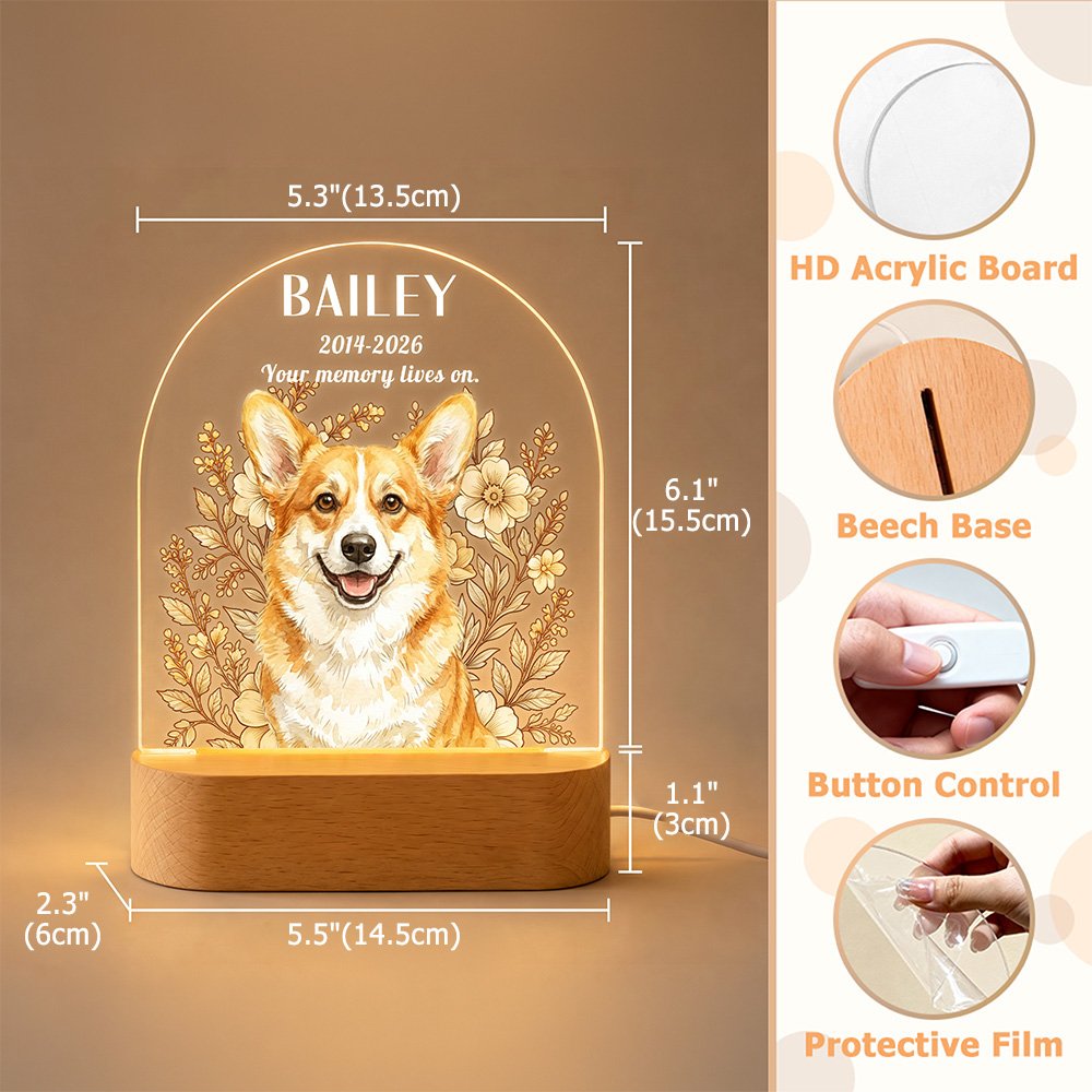 Lampada da notte LED personalizzata in acrilico con foto del proprio animale domestico dipinta ad acquerello e motivo floreale, con nome e anno, base in legno: regalo commemorativo per la perdita di un animale domestico, in segno di cordoglio, per i proprietari di animali domestici 11