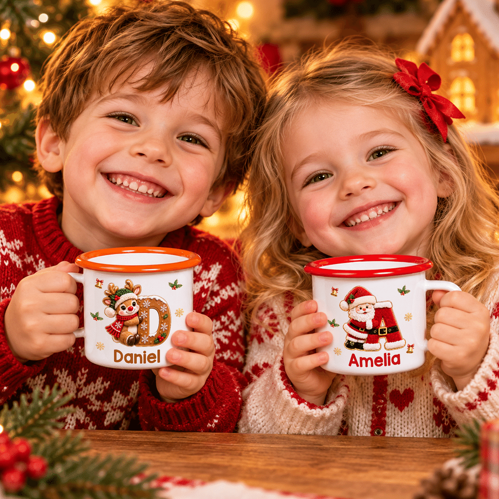 Personalised 3D-Effect Artwork Cartoon Christmas Santa Snowman Elf 12 oz Enamel Mug with Name and Initial Daily Use Christmas Party Gift for Kids 6