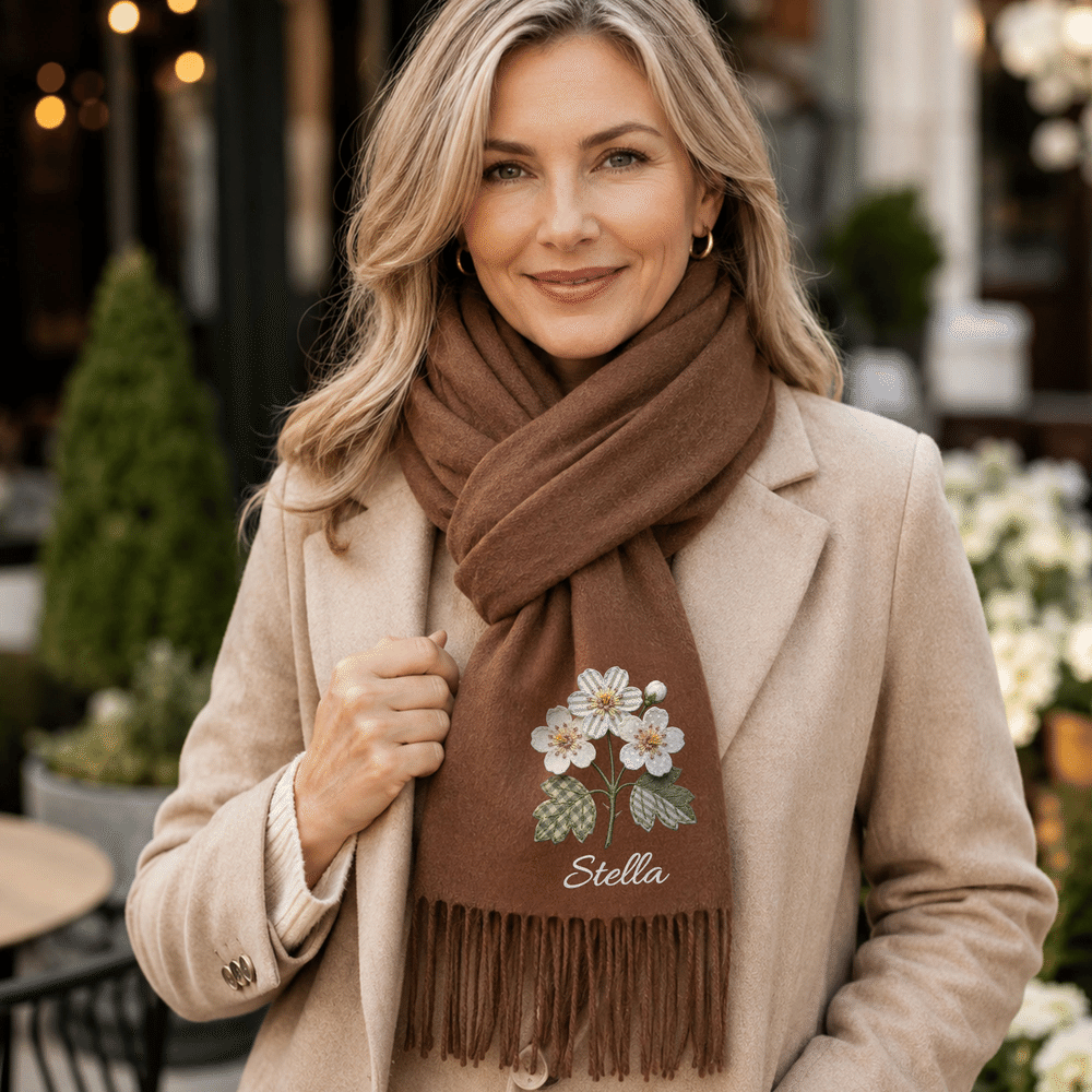 Personalised Patchwork-Style Birth Flower Soft Warm Tassel Scarf with Name Winter Accessory Christmas Birthday Gift for Women 5