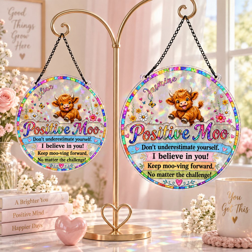 Personalized Colourful Highland Cow Positive Moo Floral Butterfly Sun Catcher with Name Birthday Housewarming Encouragement Gift for Women Friends 3
