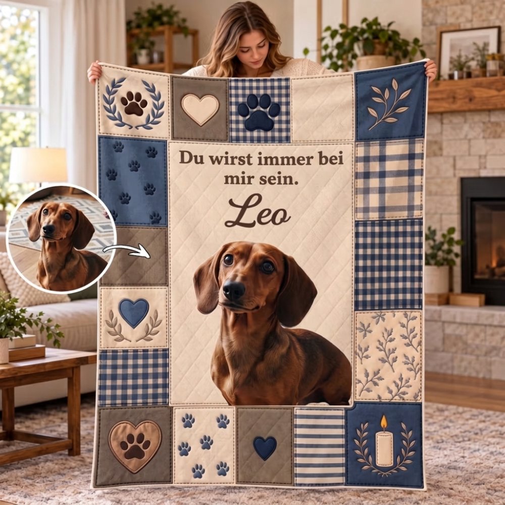 Personalisierte Kuscheldecke im Patchwork-Design | mit Haustierfoto und Namen | Weiche Sofadecke | Geburtstag Trauergeschenk für Tierbesitzer 1