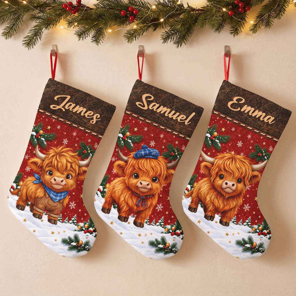 Personalized Christmas Highland Cow Stocking with Name Home Decoration Christmas Gift for Kid Highland Cow Lover 3