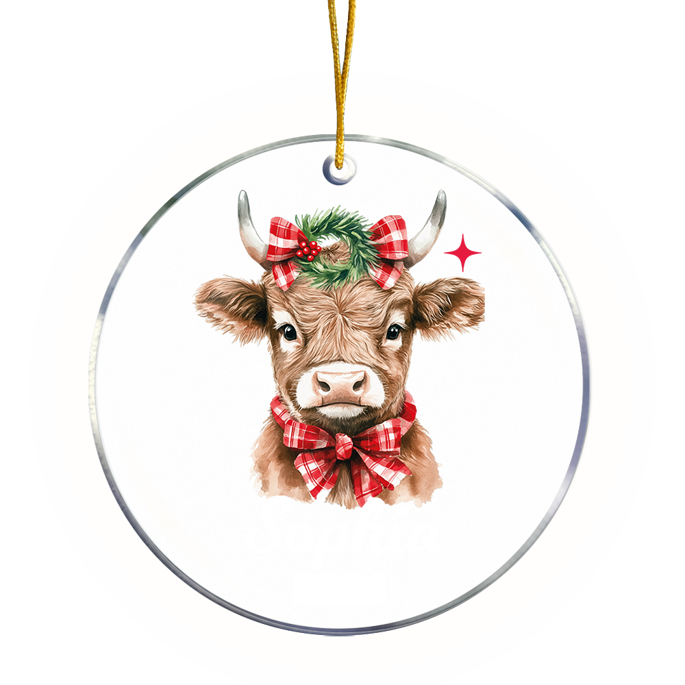 Personalisierte niedliche Holly Kranz karierten Bogen Hochland Kuh Acryl Ornament mit Namen und Jahr Weihnachtsbaum Dekoration Geschenk für Familie Kinder
