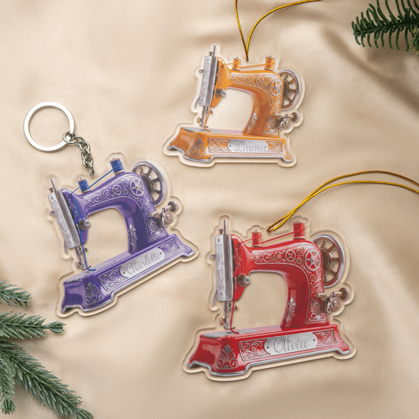 Personalized 3D-Effect Artwork Vintage Sewing Machine Acrylic Ornament Keychain with Name Christmas Gift for Crafters Sewing Lovers