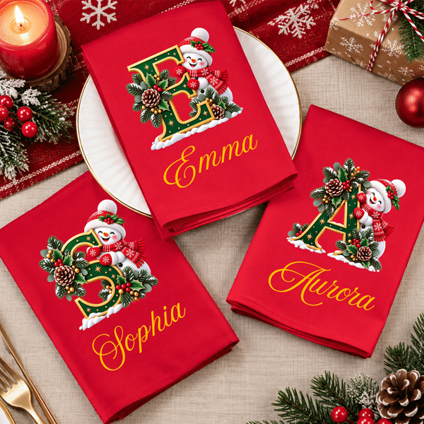 Personalised Christmas Snowman Initial 100% Cotton Napkin with Name Table Decor Christmas Gift for Friends Family