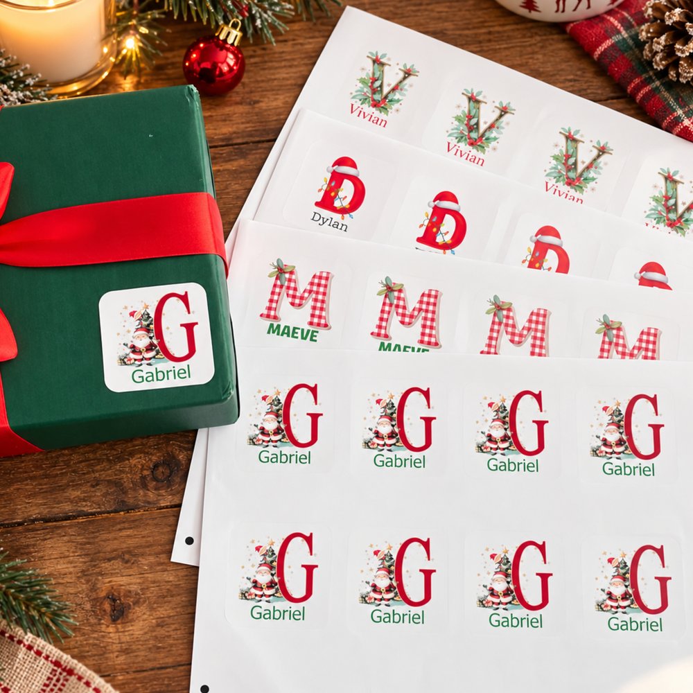 Personalised Classic Santa Claus Christmas Tree Initial Waterproof Square Stickers Labels with Name Gift Decor Christmas Party Gift for Kids Friends 3