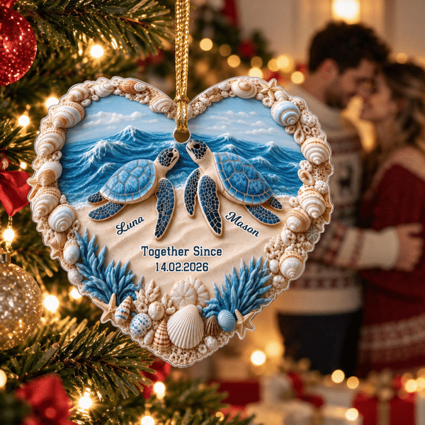 Personalised Seaside Turtle Acrylic Ornament with Name Date Anniversary Christmas Tree Decorations Gift for Couple and Sea Turtle Lovers