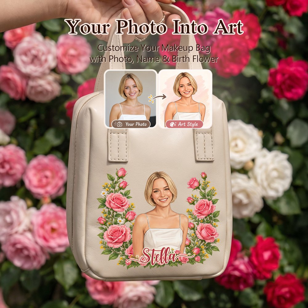 Personalized Birth Flower Character Portrait PU Leather Makeup Bag with Name and Handle Daily Use Mother's Day Gift for Girls Women 5