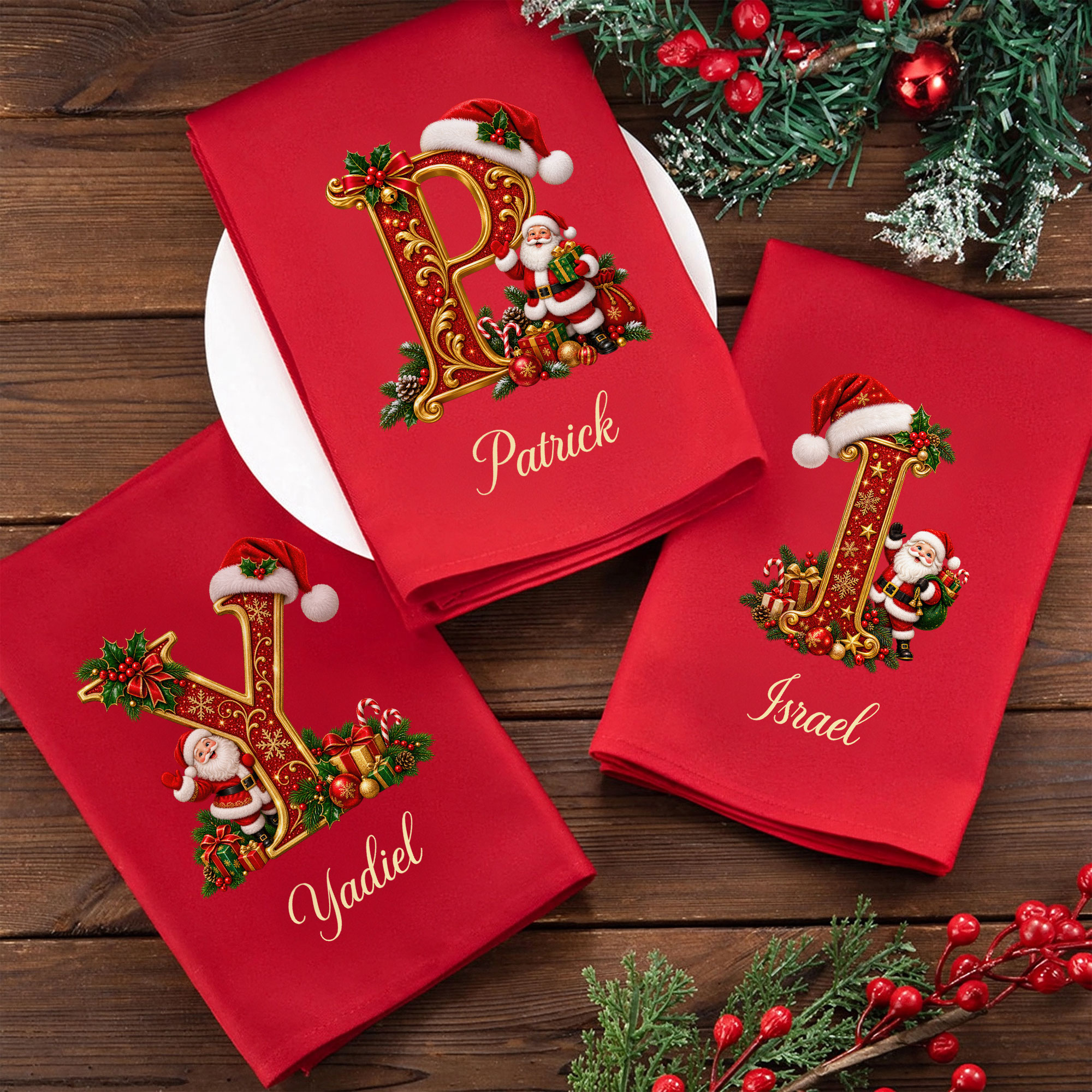 Personalisierte Stoffserviette im Barockstil | mit Namen & Weihnachtsmann | 100% Baumwolle | Weihnachtsgeschenk für Familie & Freunde