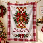 Personalized Christmas-Themed Initial Plaid Soft Throw Blanket with Name Home Decor Christmas Gift for Kids Friends Family