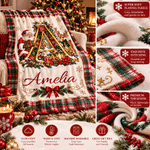 Personalized Christmas-Themed Initial Plaid Soft Throw Blanket with Name Home Decor Christmas Gift for Kids Friends Family