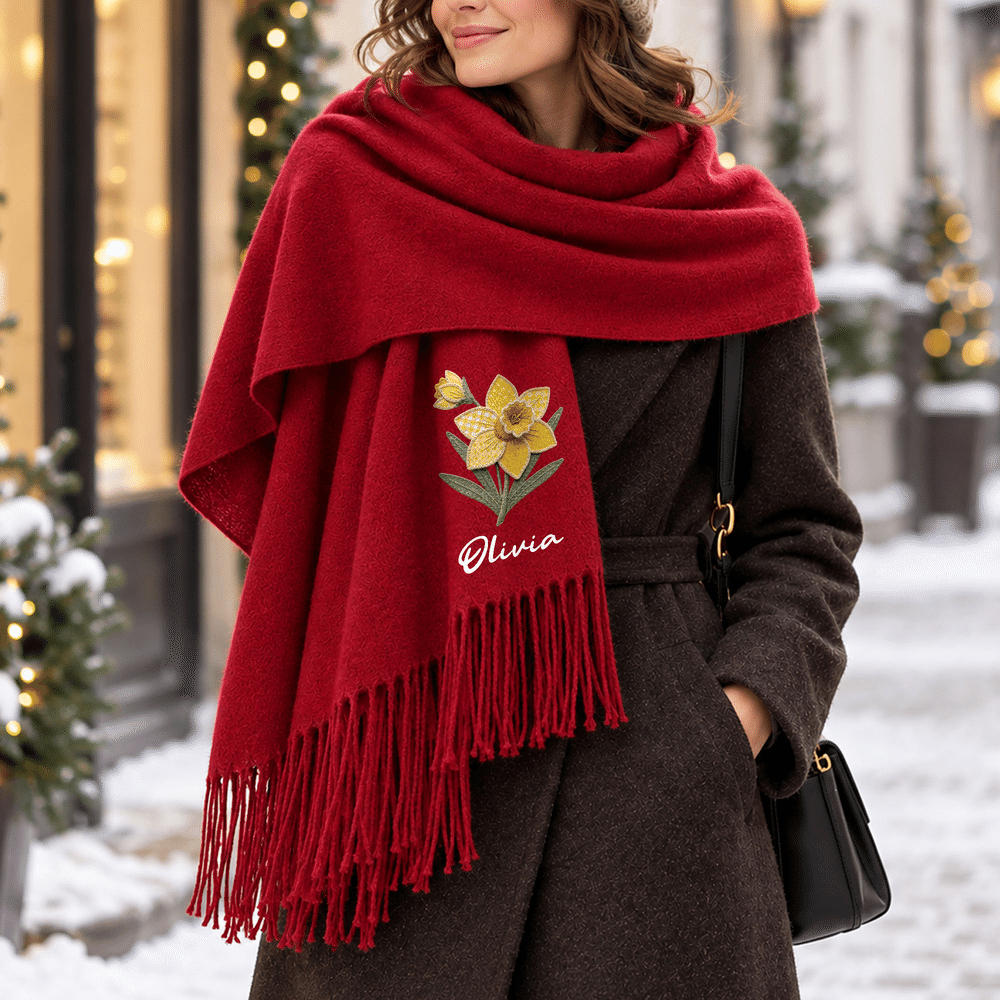 Personalised Patchwork-Style Birth Flower Soft Warm Tassel Scarf with Name Winter Accessory Christmas Birthday Gift for Women 2