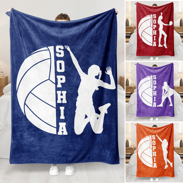 Personalized Name Volleyball Throw Blanket, Volleyball Player Silhouette Design, Lightweight Sofa Bed Cover, Birthday Gift for Volleyball Athletes