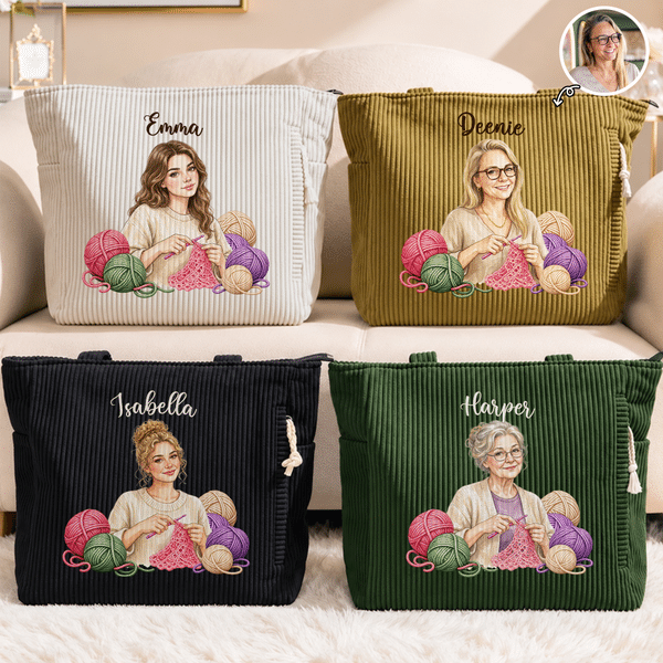 Gepersonaliseerde, gehaakte draagtas van corduroy met fotomotief van een stripfiguur en naam – geschikt voor dagelijks gebruik, verjaardagscadeau voor mama, oma of een breister