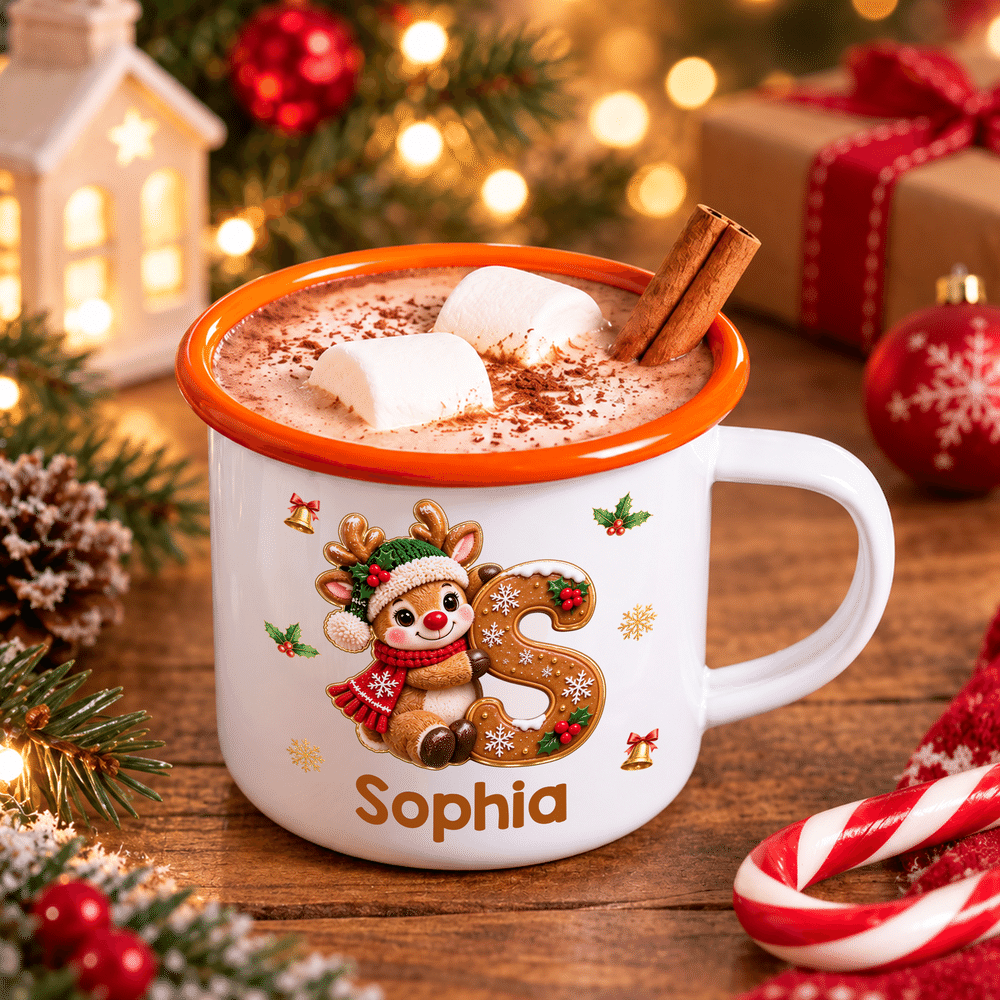 Personalised 3D-Effect Artwork Cartoon Christmas Santa Snowman Elf 12 oz Enamel Mug with Name and Initial Daily Use Christmas Party Gift for Kids 4