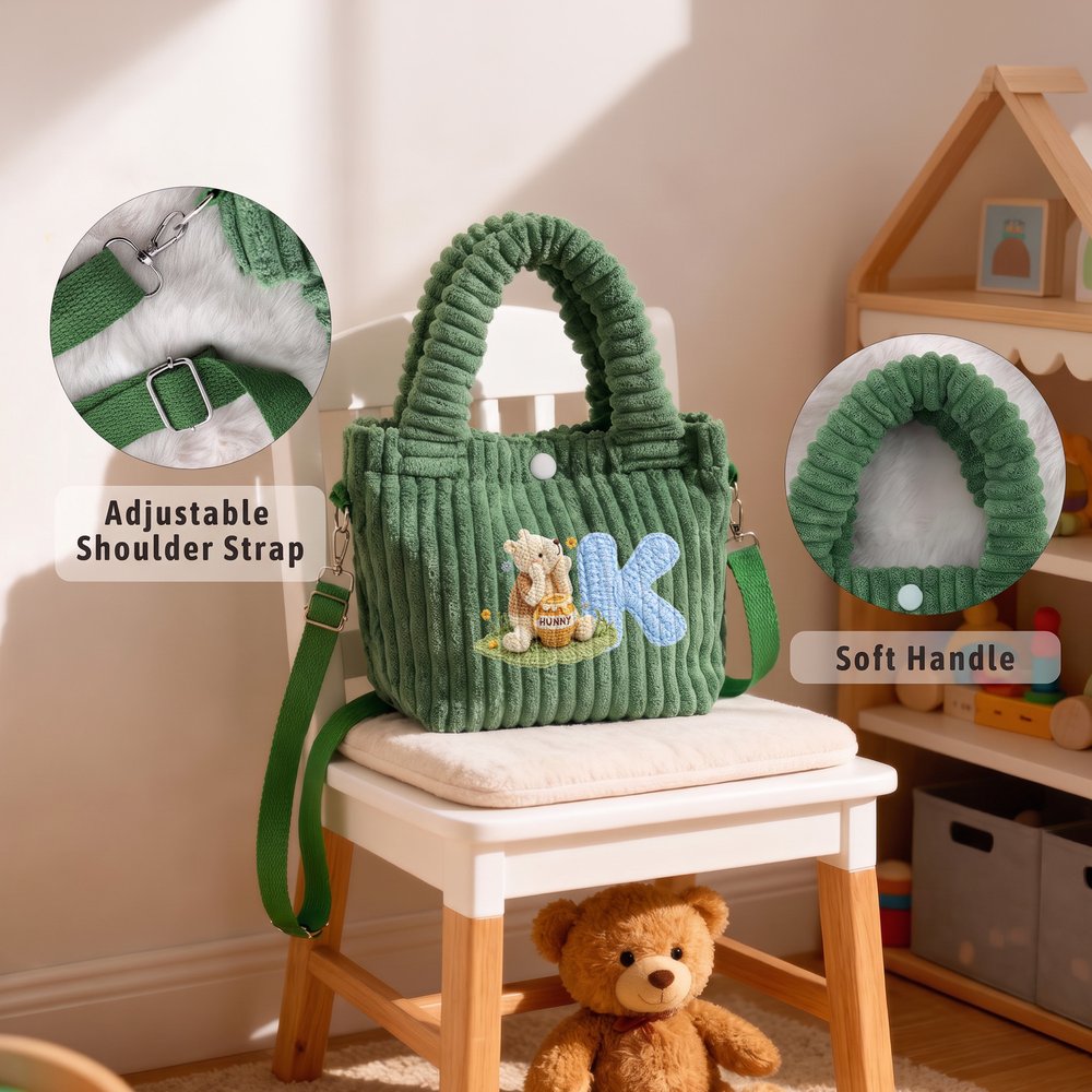 Personalised 3D-Effect Art Multicolour Cute Bear Large Capacity Corduroy Bag with Initial Daily Use Christmas Birthday Gift for Kids Toddlers 9
