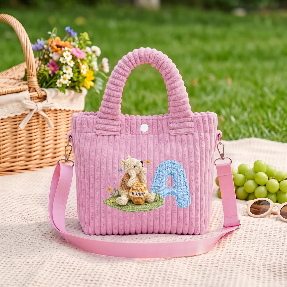 Personalised 3D-Effect Art Multicolour Cute Bear Large Capacity Corduroy Bag with Initial Daily Use Christmas Birthday Gift for Kids Toddlers 7