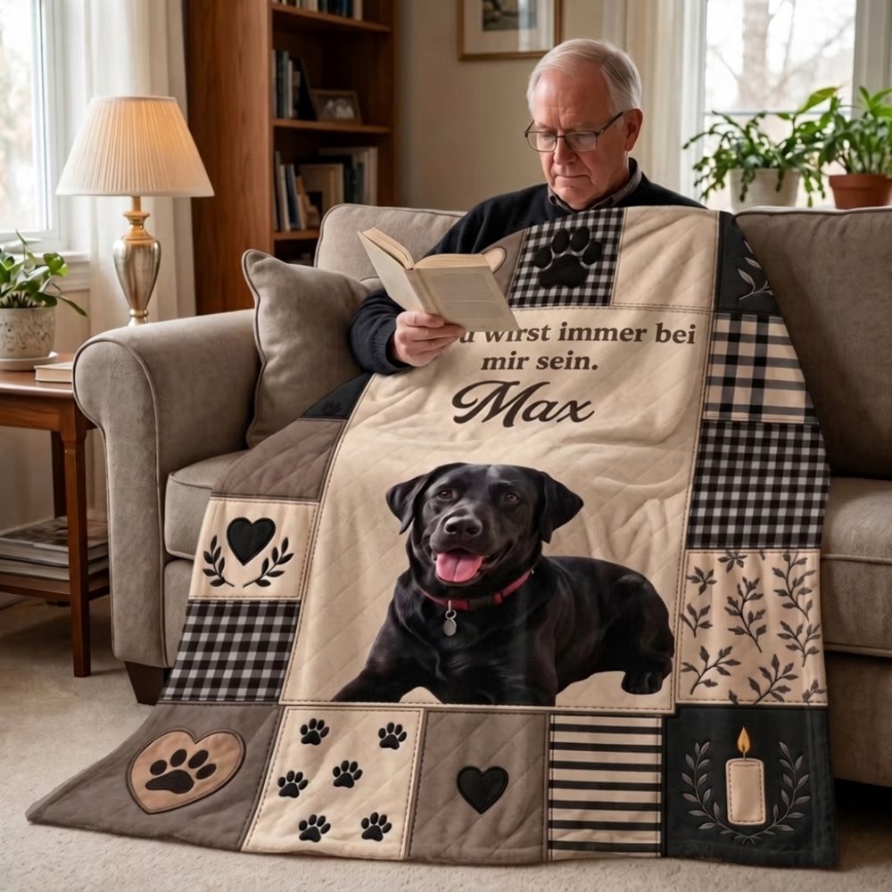 Personalisierte Kuscheldecke im Patchwork-Design | mit Haustierfoto und Namen | Weiche Sofadecke | Geburtstag Trauergeschenk für Tierbesitzer 6
