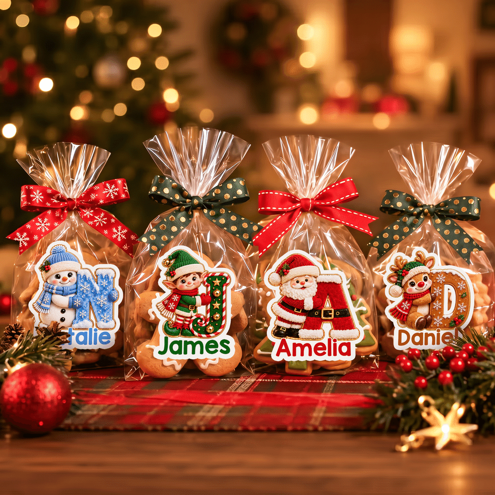 Personalised Cute Santa Claus Snowman Elf Elk Initial Label Waterproof Stickers with Name Gift Decor Christmas Party Gift for Family Friends 7