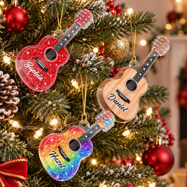 Personalized Multicolor Glittering Guitar Christmas Acrylic Ornament with Name Tree Decor Christmas Gift for Guitar Lovers Guitarists