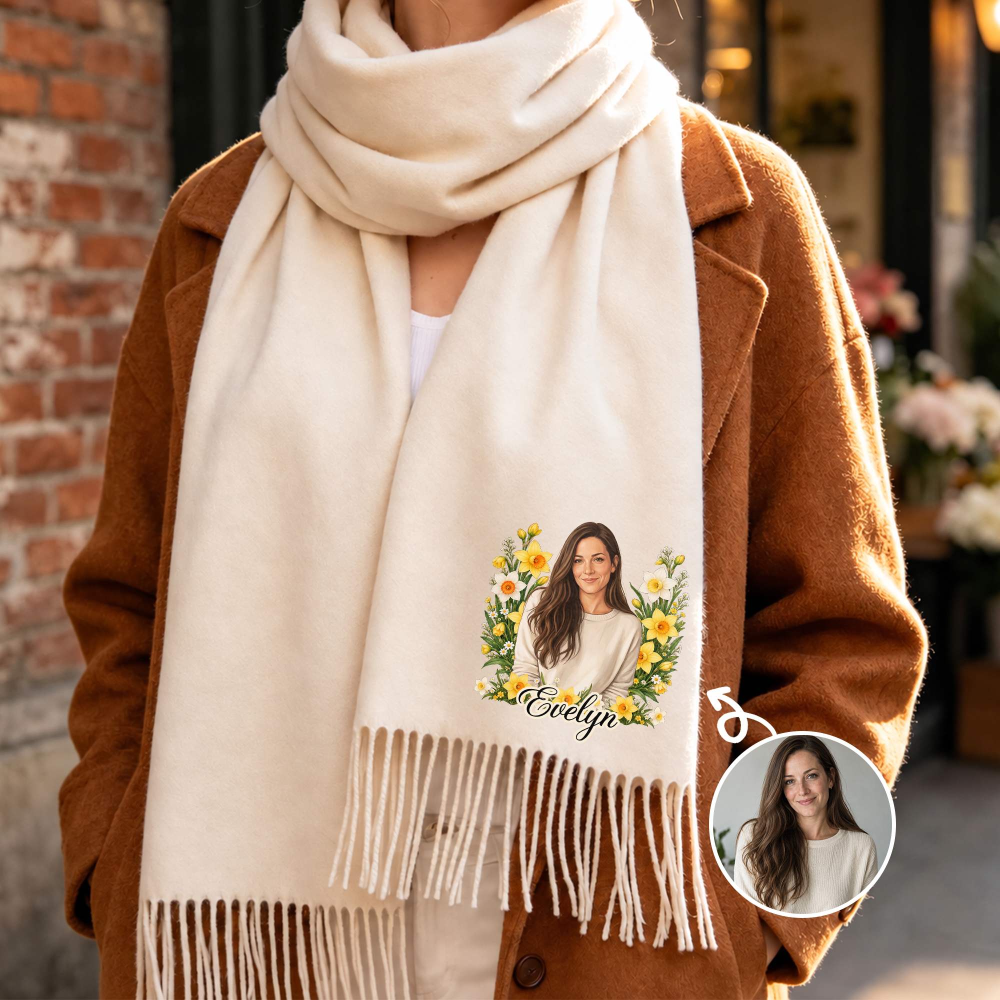 Individuell gestalteter Schal im semi-realistischen Kunststil mit Foto, Geburtsblume, weichen, warmen Quasten und Namenszug – Winteraccessoire und Weihnachtsgeschenk für Frauen und Mädchen