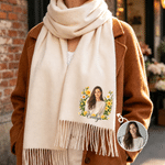 Personalised Semi-Realistic Art Style Photo Birth Flower Soft Warm Tassel Scarf with Name Winter Accessory Christmas Gift for Women Girls 1