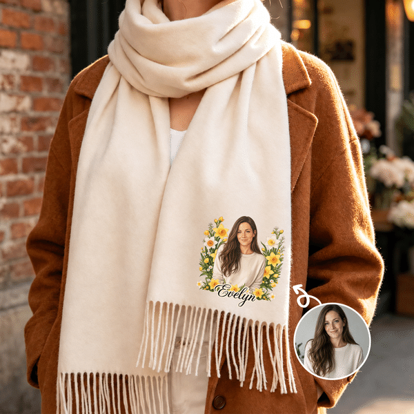 Personalised Semi-Realistic Art Style Photo Birth Flower Soft Warm Tassel Scarf with Name Winter Accessory Christmas Gift for Women Girls