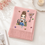 Gepersonaliseerde sjaal met cartoonfiguur, geboortebloem en zachte, warme kwastjes, met naam – cadeau voor verjaardagen en jubilea voor familie en vrienden 2