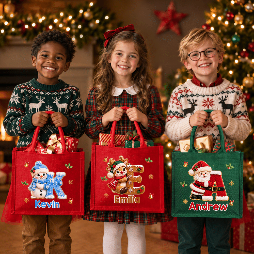 Personalised Holly Snowflake 3D-Effect Artwork Large Capacity Tote Bag with Name and Initial Christmas Party Holiday Gift for Family Friend Kid 6