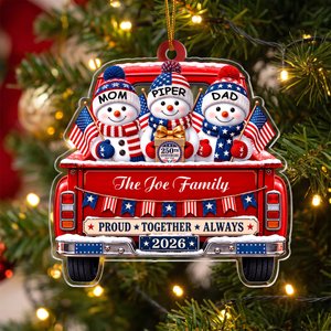 Personalized America 250th Anniversary Red Pickup Truck Acrylic Christmas Ornament with 2-16 Names and Family Name Christmas Holiday Gift for Family