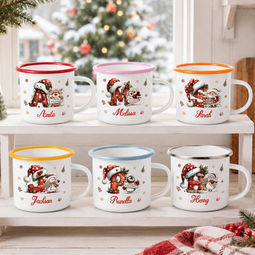 Personalised Snowflake Cartoon Animal Initial 12 oz Colourful Rim Enamel Mug with Name Christmas Holiday Gift for Family Kids 5