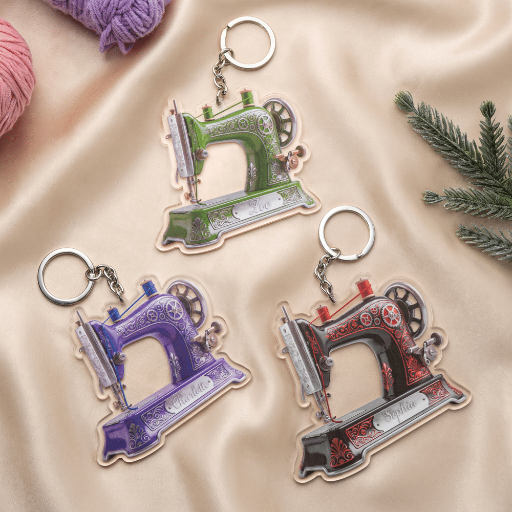 Personalised 3D-Effect Artwork Vintage Sewing Machine Acrylic Ornament Keyring with Name Christmas Gift for Crafters Sewing Lovers 3