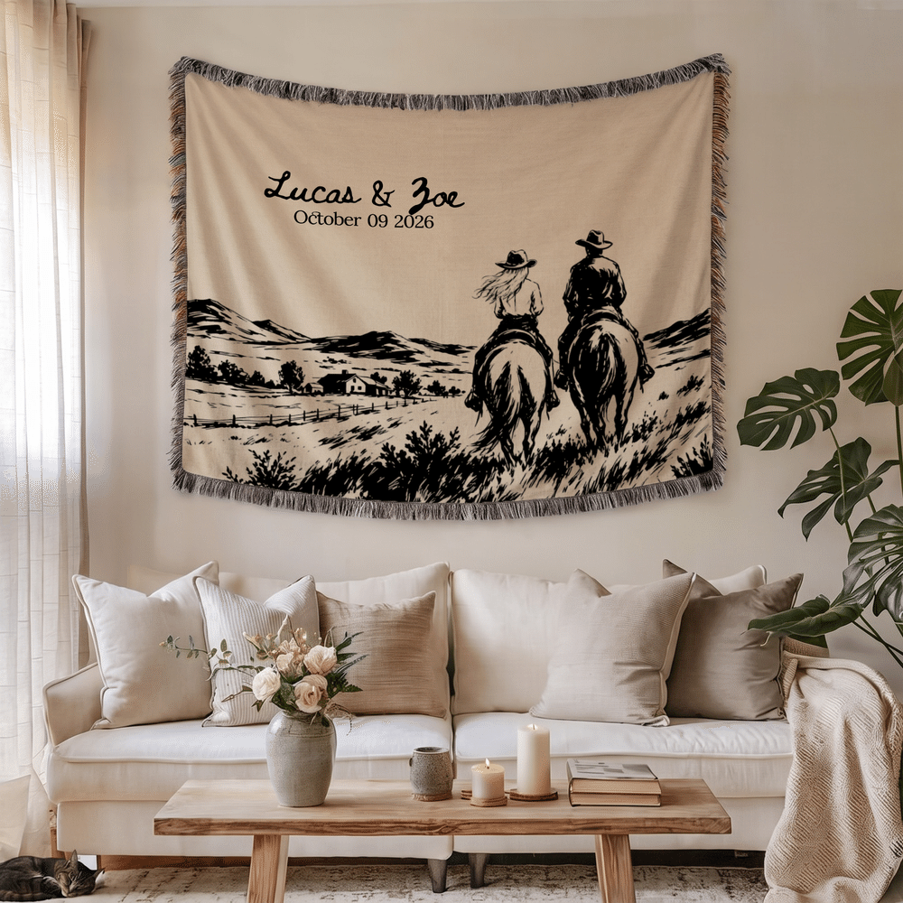 Personalised Vintage Western Wedding Theme Soft Throw Tassel Blanket with Name and Date Anniversary Wedding Party Gift for Couples Newlyweds 6