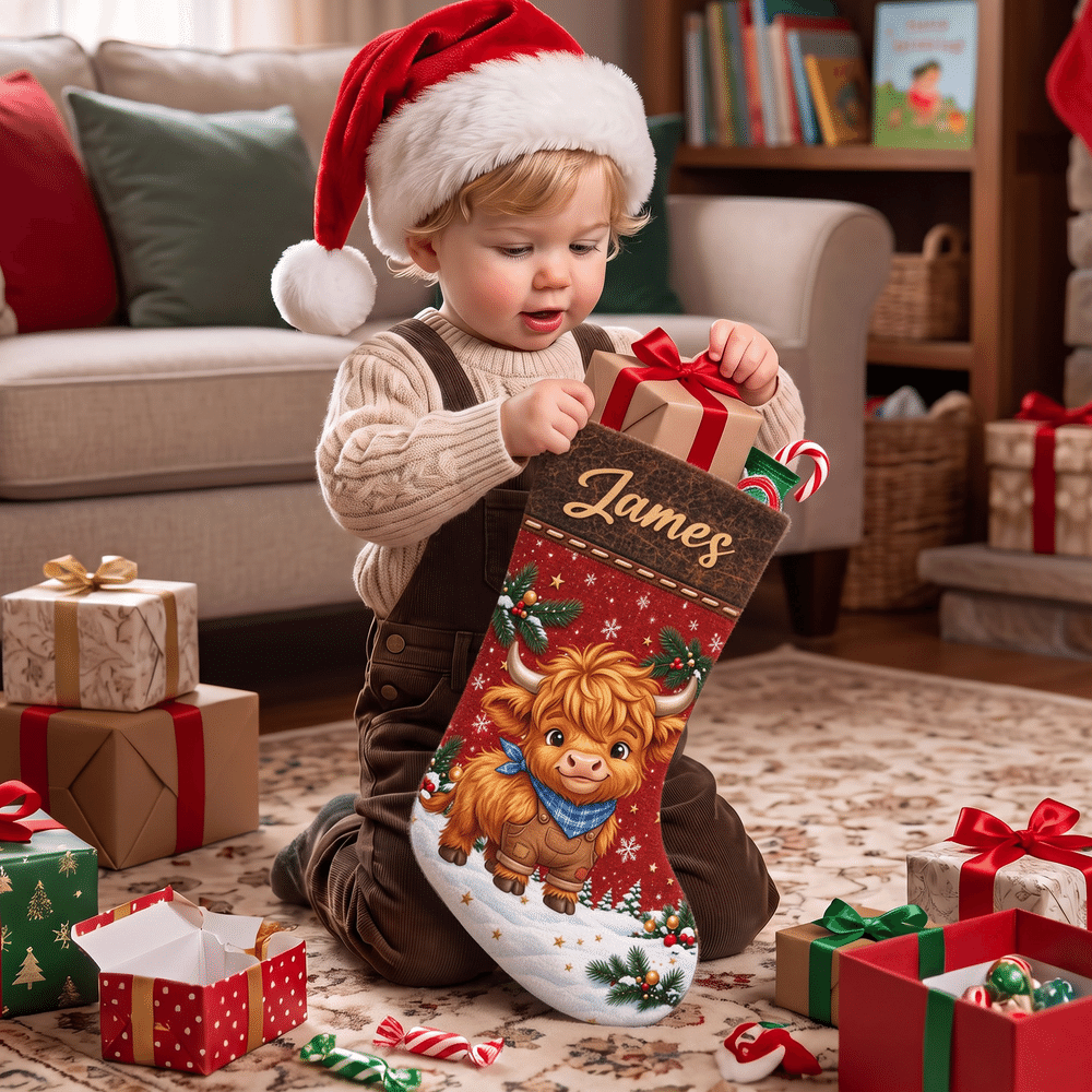 Personalized Christmas Highland Cow Stocking with Name Home Decoration Christmas Gift for Kid Highland Cow Lover 4